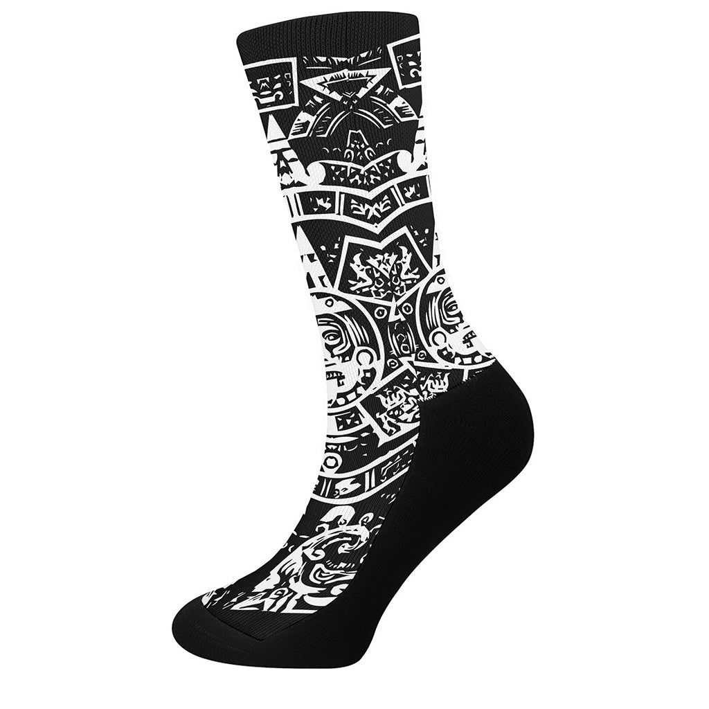 Black And White Maya Calendar Print Crew Socks