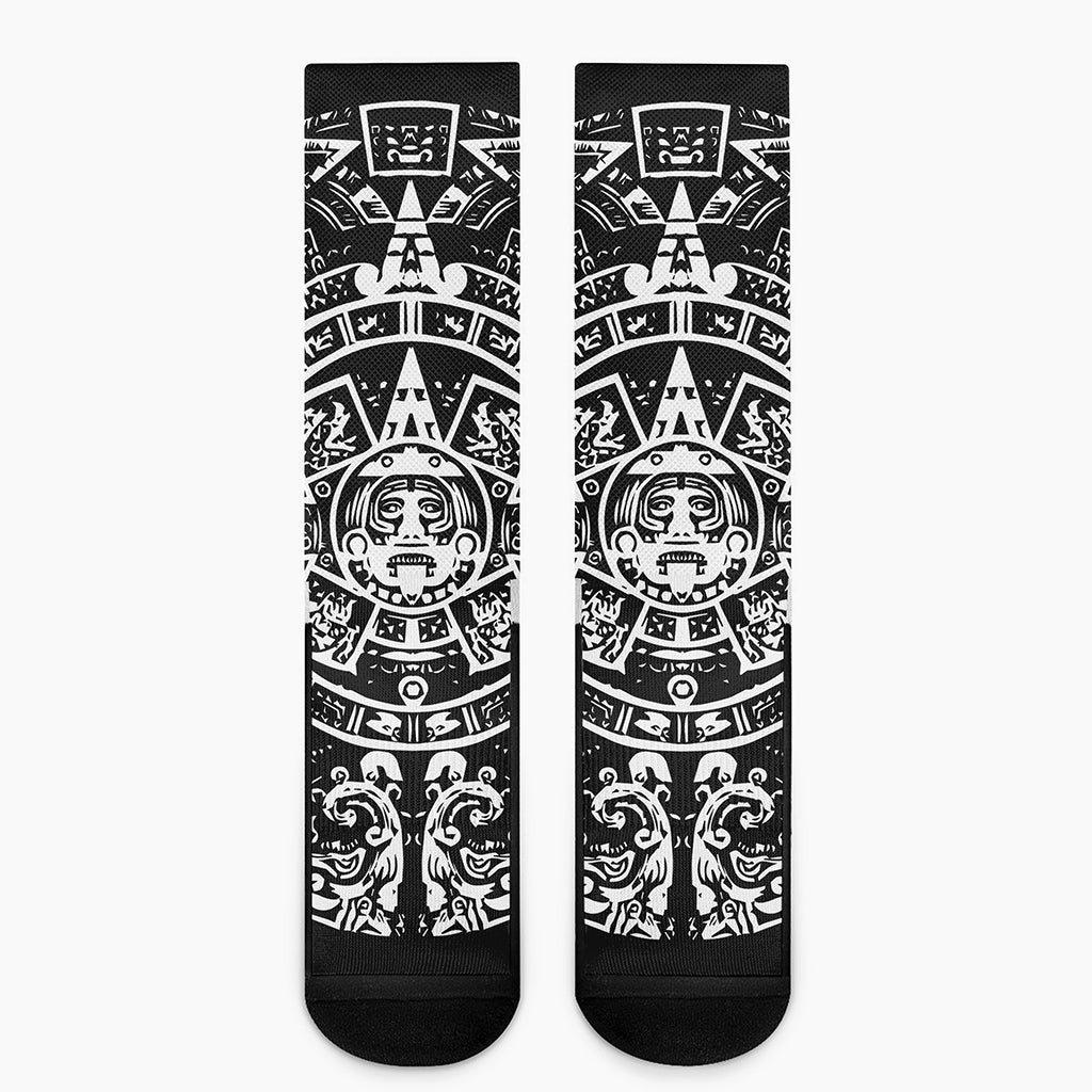 Black And White Maya Calendar Print Crew Socks