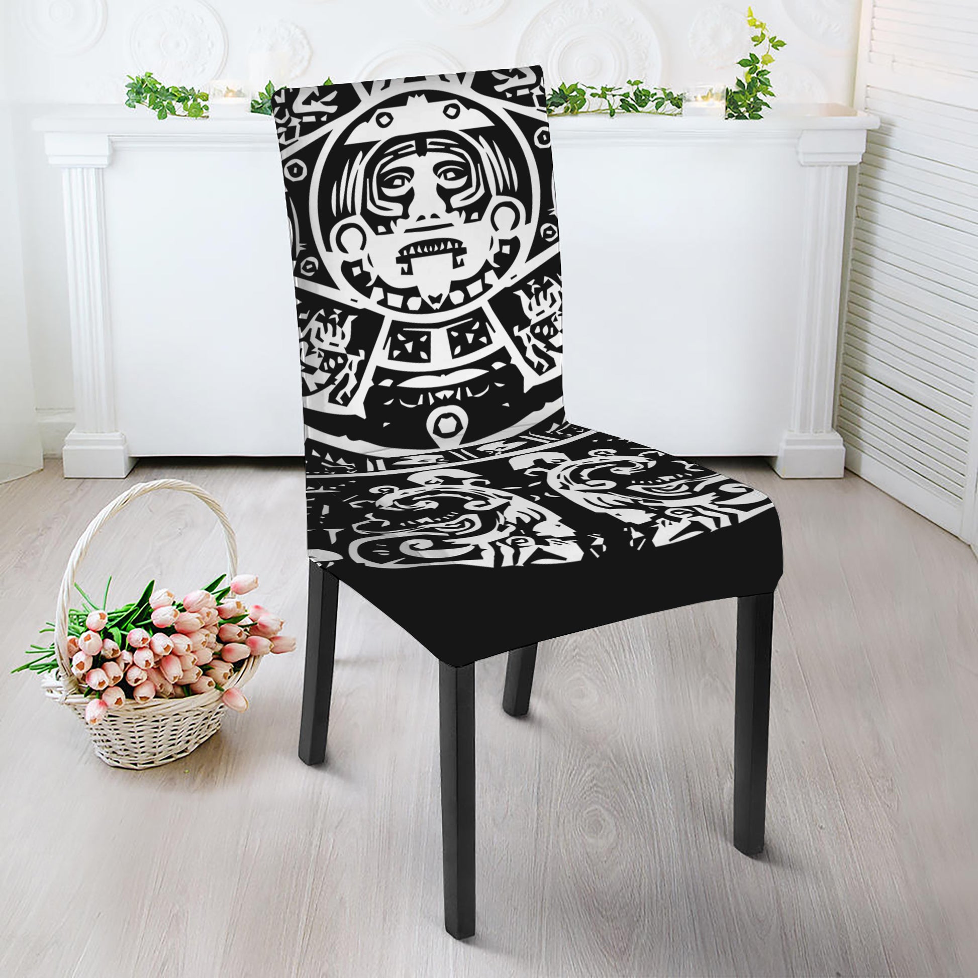 Black And White Maya Calendar Print Dining Chair Slipcover