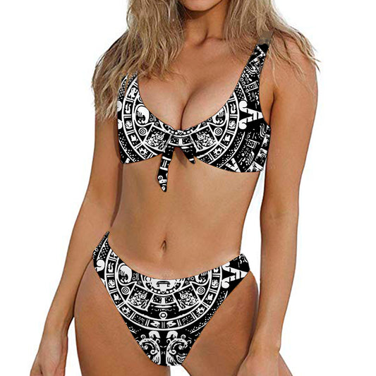 Black And White Maya Calendar Print Front Bow Tie Bikini