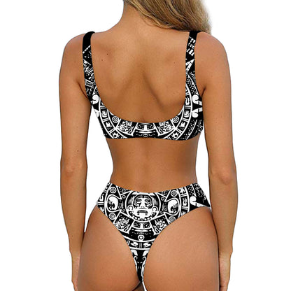 Black And White Maya Calendar Print Front Bow Tie Bikini