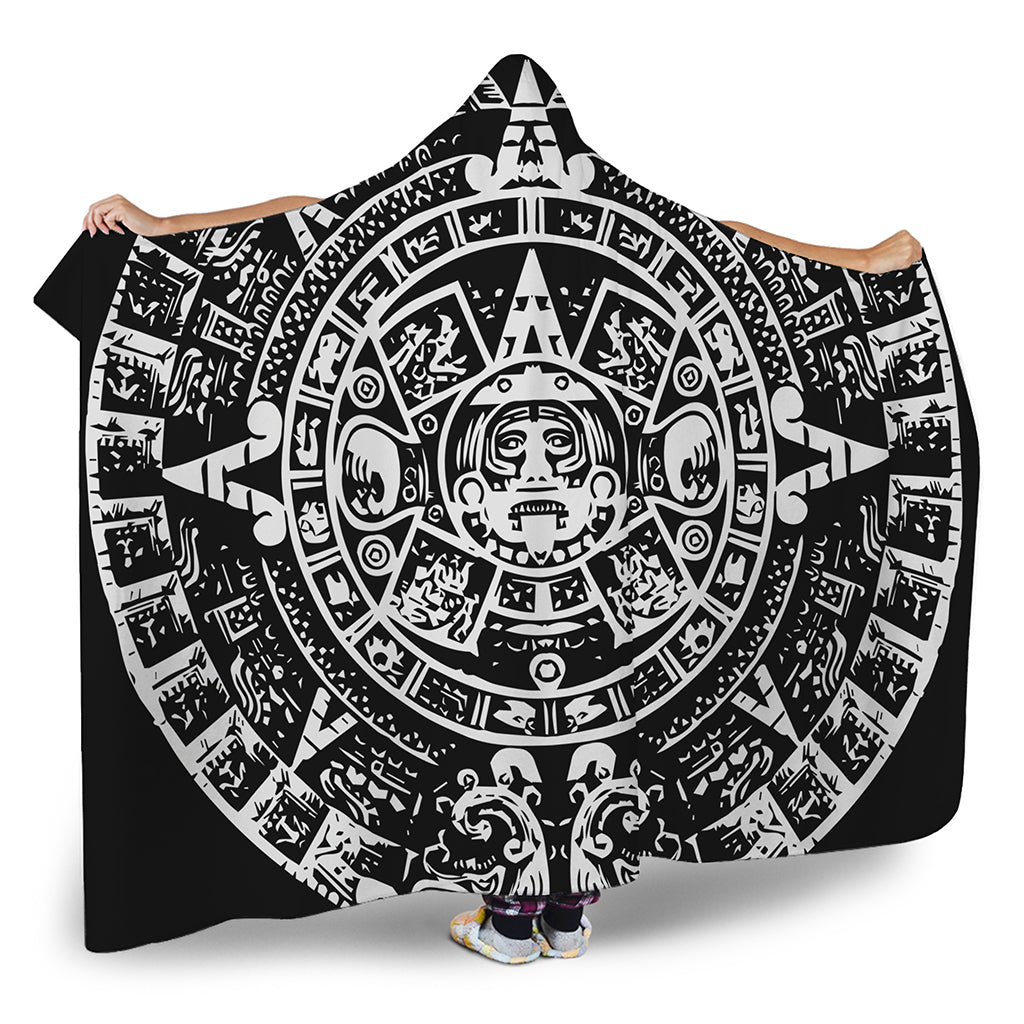 Black And White Maya Calendar Print Hooded Blanket