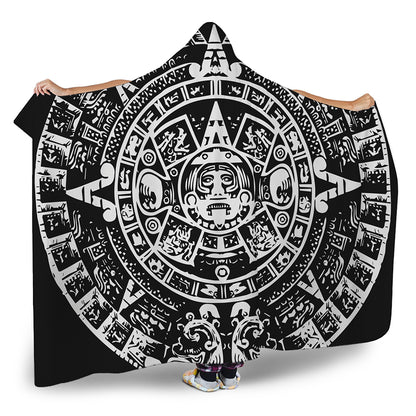 Black And White Maya Calendar Print Hooded Blanket