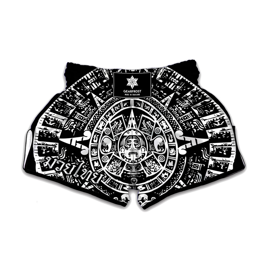 Black And White Maya Calendar Print Muay Thai Boxing Shorts