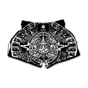 Black And White Maya Calendar Print Muay Thai Boxing Shorts