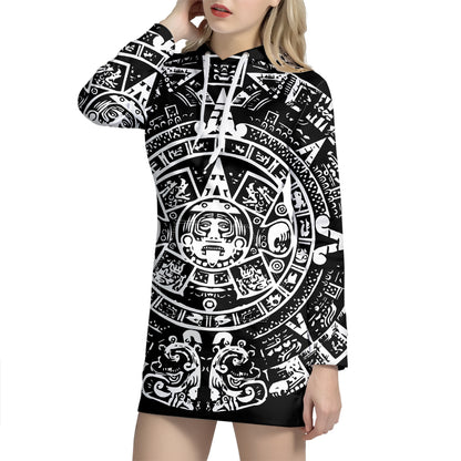 Black And White Maya Calendar Print Pullover Hoodie Dress