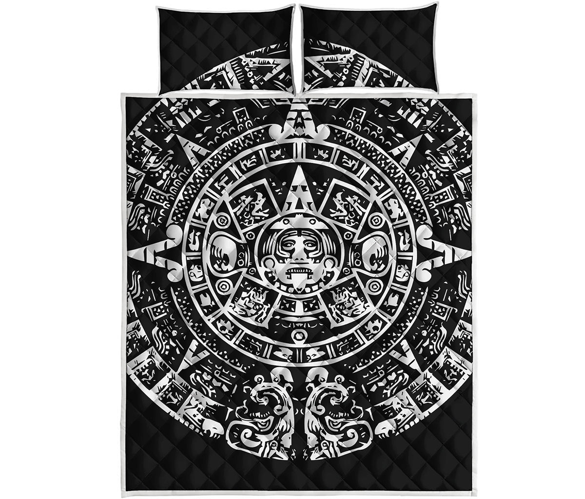 Black And White Maya Calendar Print Quilt Bed Set