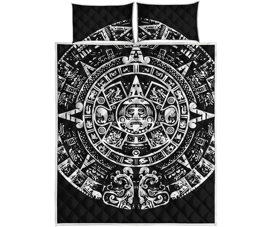Black And White Maya Calendar Print Quilt Bed Set