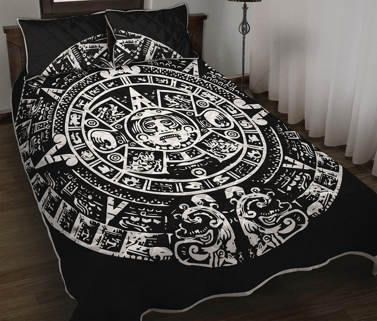 Black And White Maya Calendar Print Quilt Bed Set
