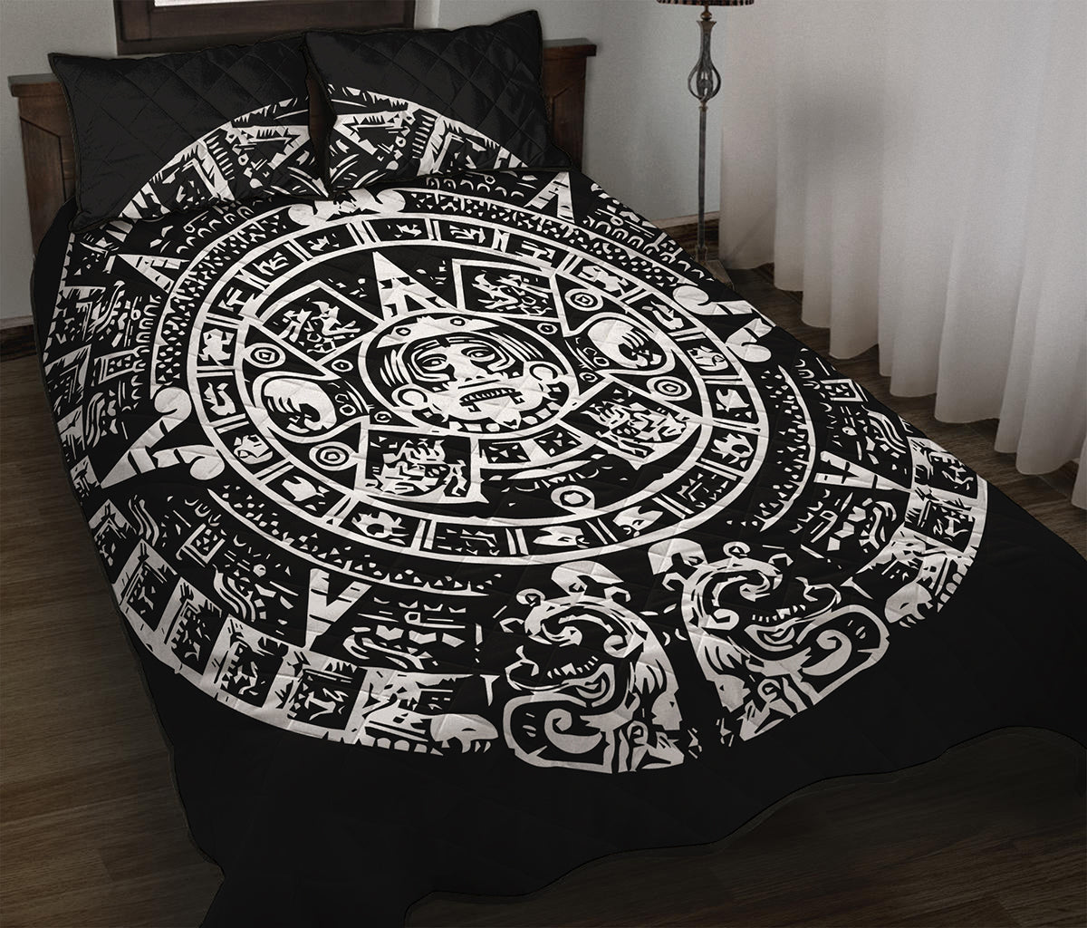 Black And White Maya Calendar Print Quilt Bed Set