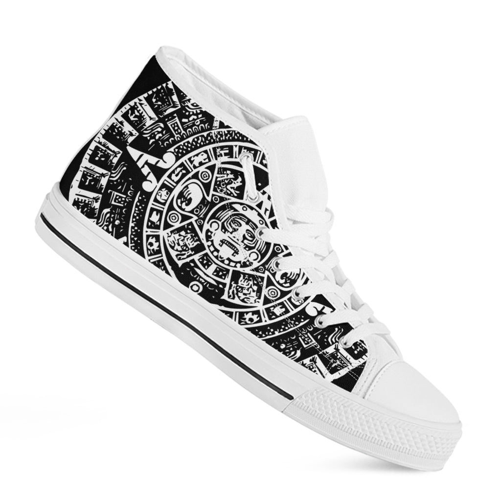 Black And White Maya Calendar Print White High Top Shoes
