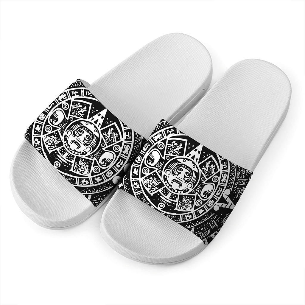 Black And White Maya Calendar Print White Slide Sandals