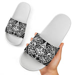 Black And White Maya Calendar Print White Slide Sandals