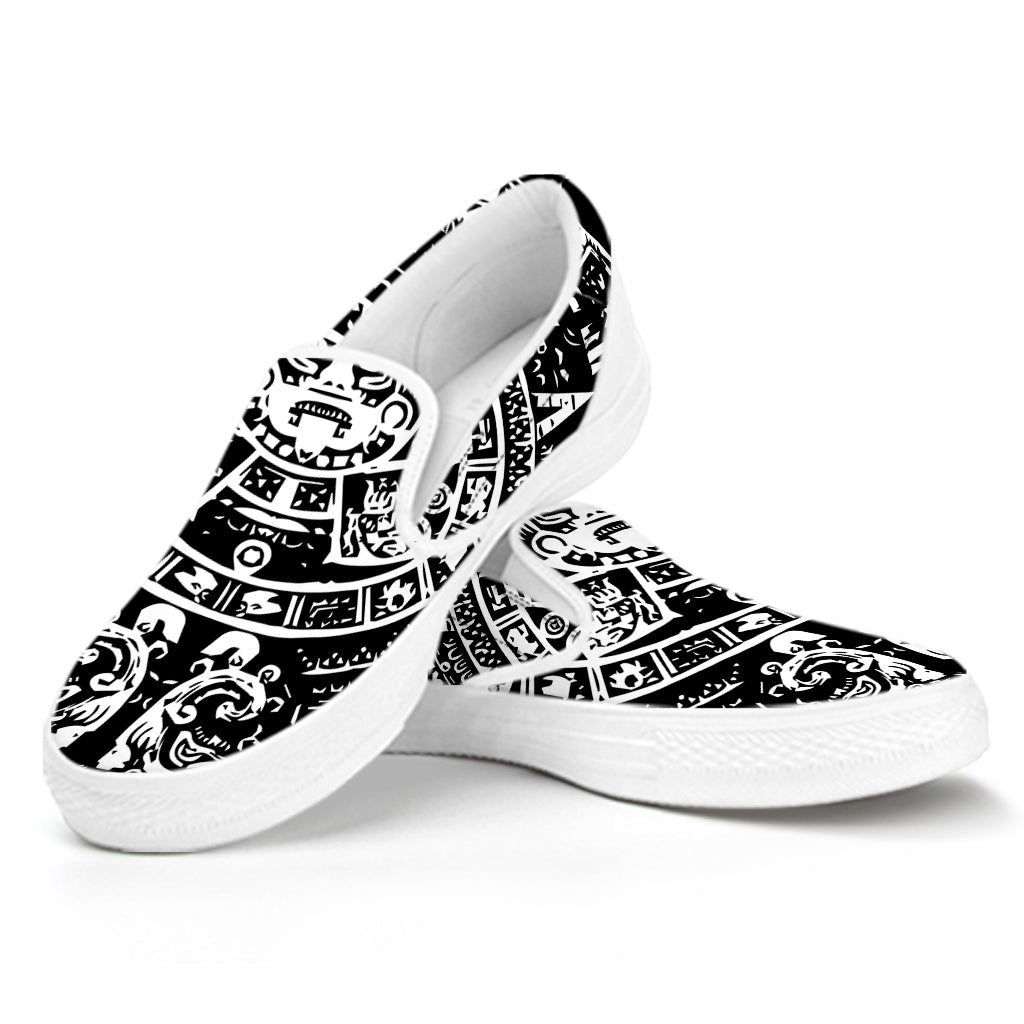 Black And White Maya Calendar Print White Slip On Shoes