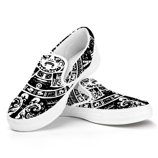 Black And White Maya Calendar Print White Slip On Shoes