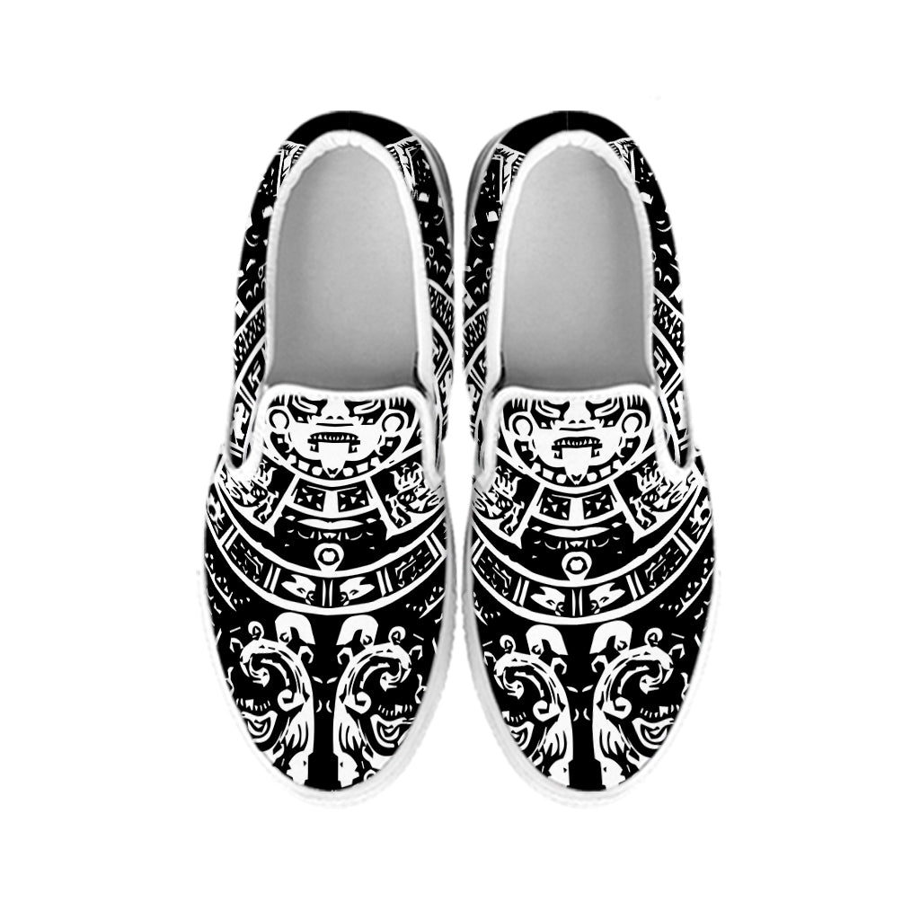 Black And White Maya Calendar Print White Slip On Shoes