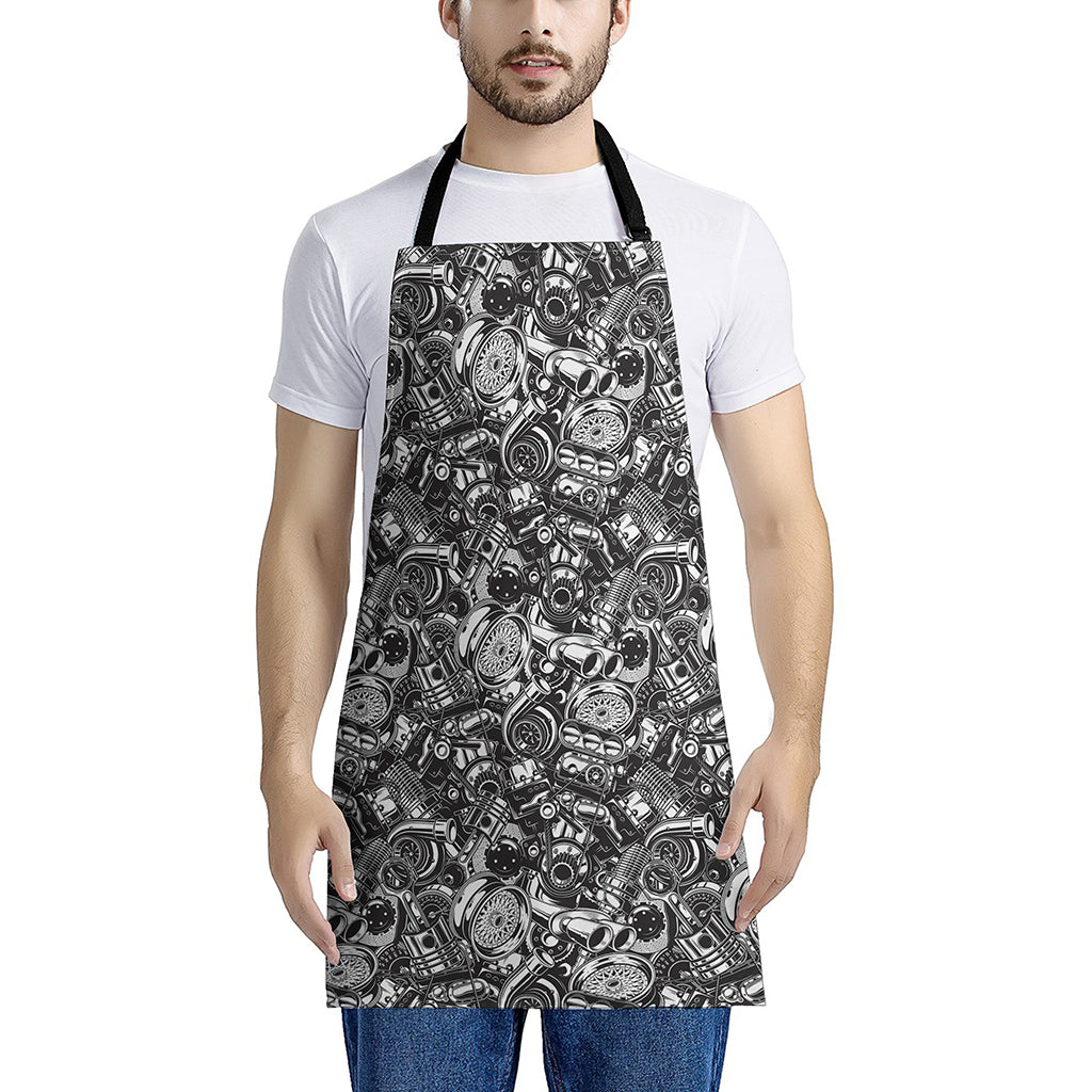 Black And White Mechanic Pattern Print Apron