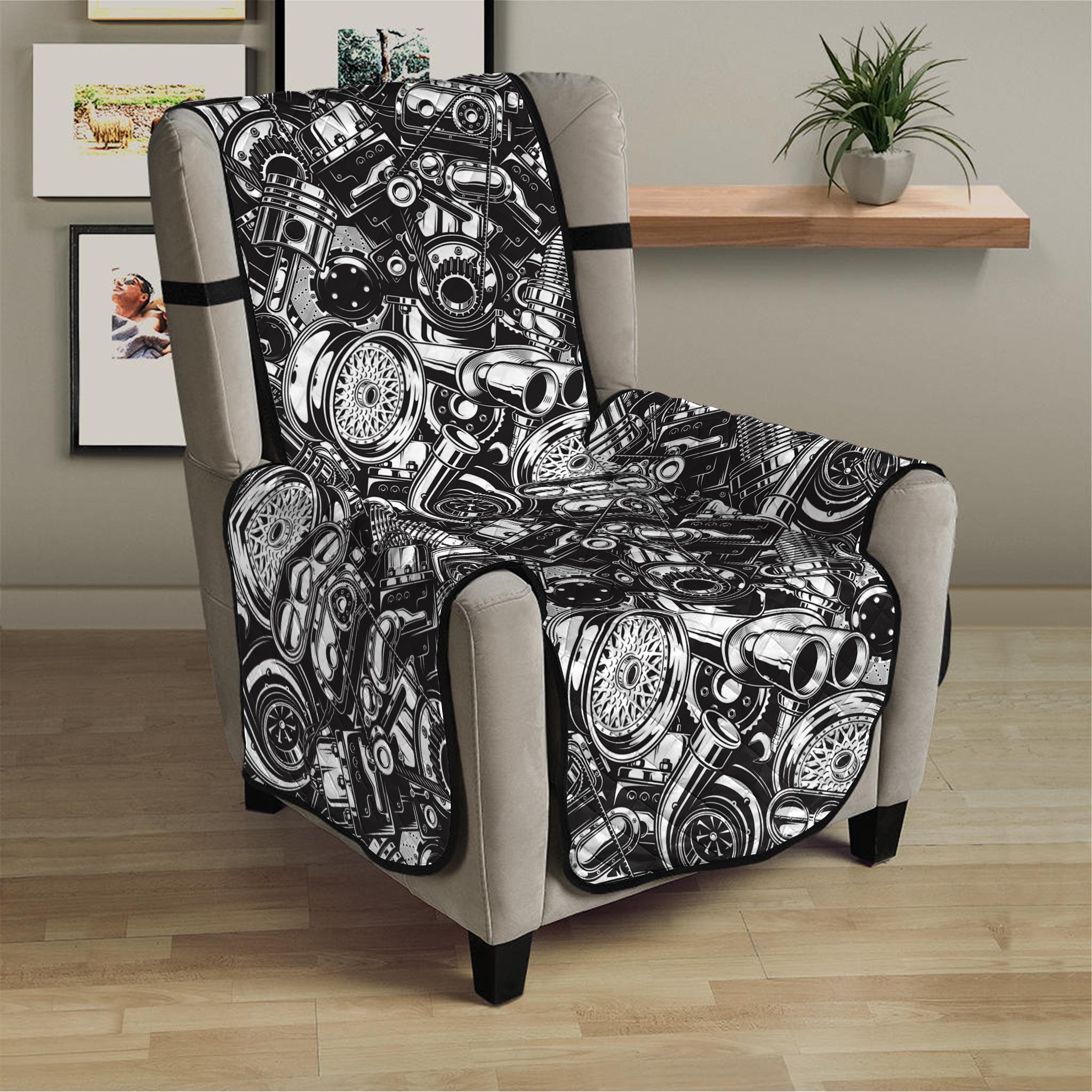 Black And White Mechanic Pattern Print Armchair Protector