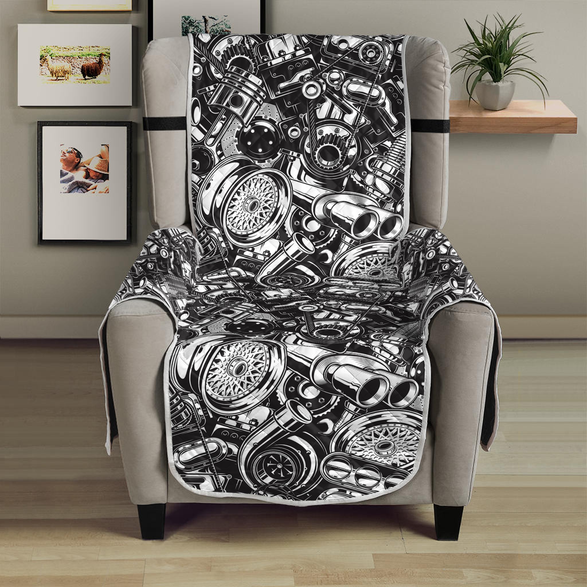 Black And White Mechanic Pattern Print Armchair Protector