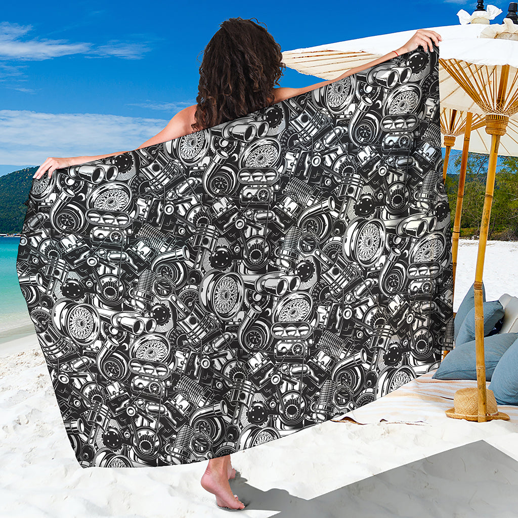 Black And White Mechanic Pattern Print Beach Sarong Wrap