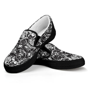 Black And White Mechanic Pattern Print Black Slip On Shoes