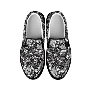 Black And White Mechanic Pattern Print Black Slip On Shoes