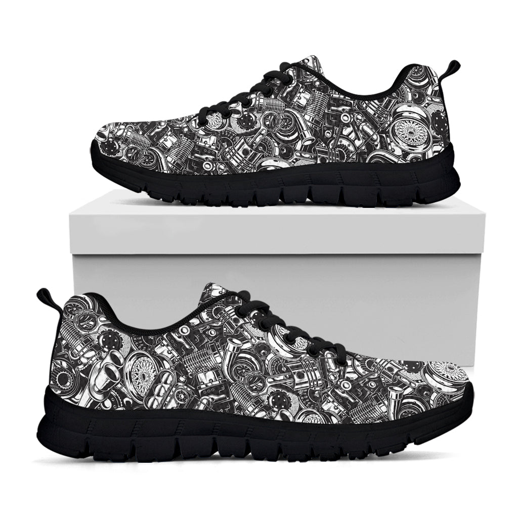 Black And White Mechanic Pattern Print Black Sneakers