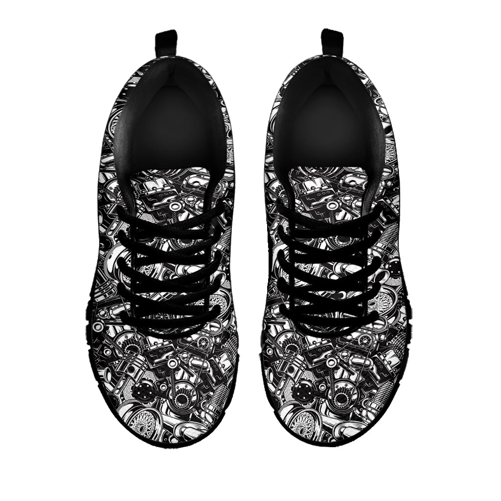 Black And White Mechanic Pattern Print Black Sneakers