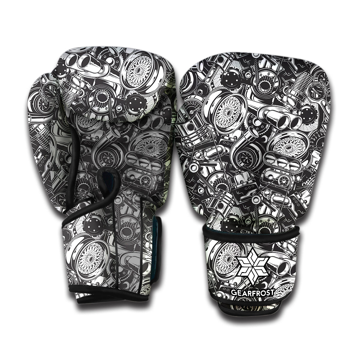 Black And White Mechanic Pattern Print Boxing Gloves