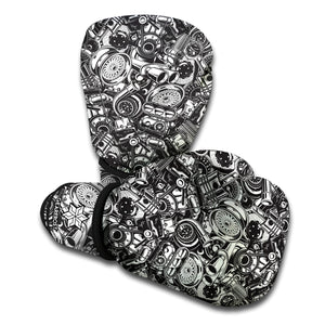 Black And White Mechanic Pattern Print Boxing Gloves