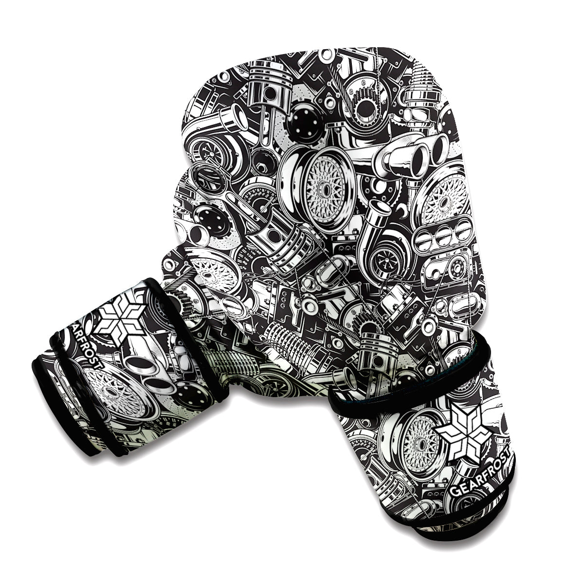 Black And White Mechanic Pattern Print Boxing Gloves