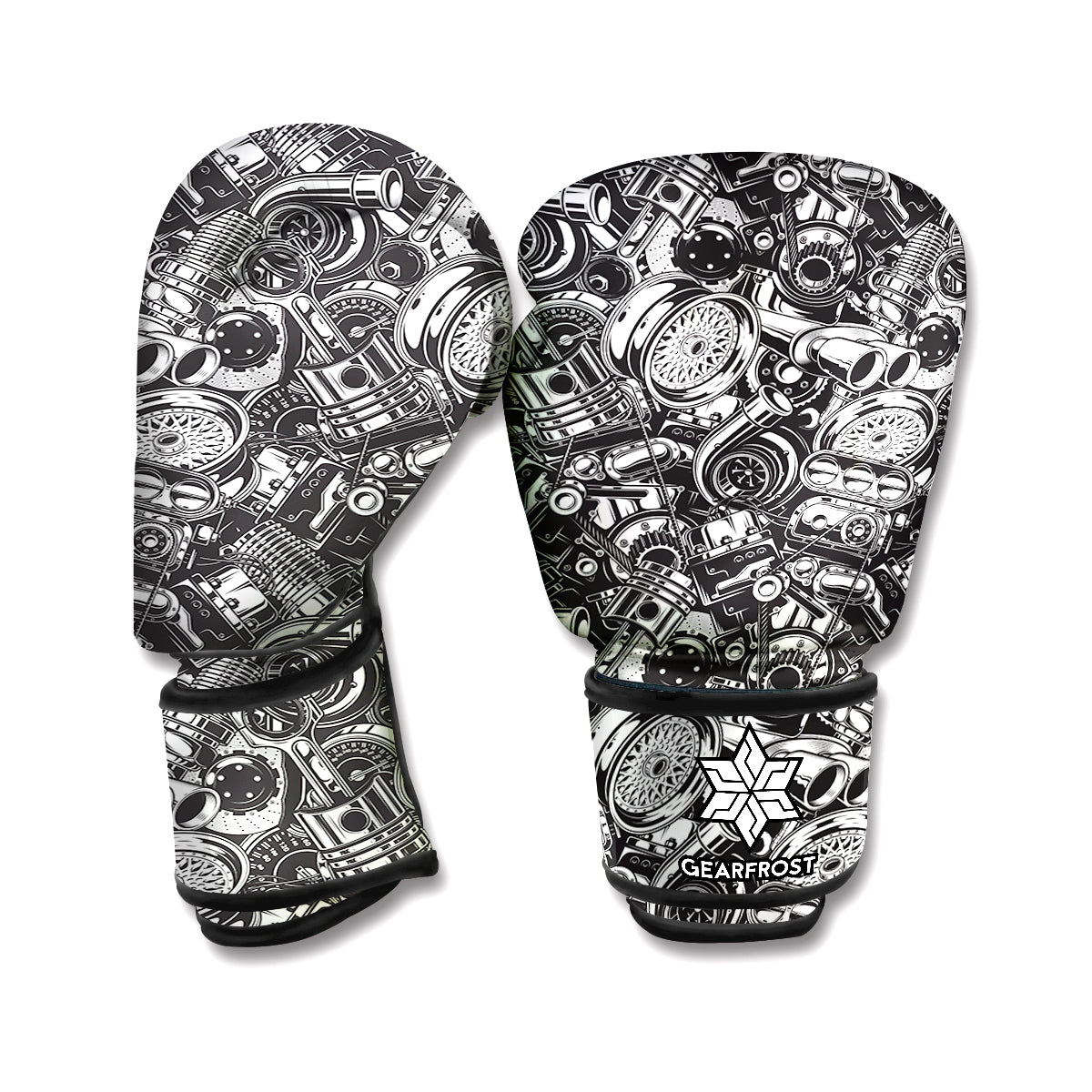 Black And White Mechanic Pattern Print Boxing Gloves