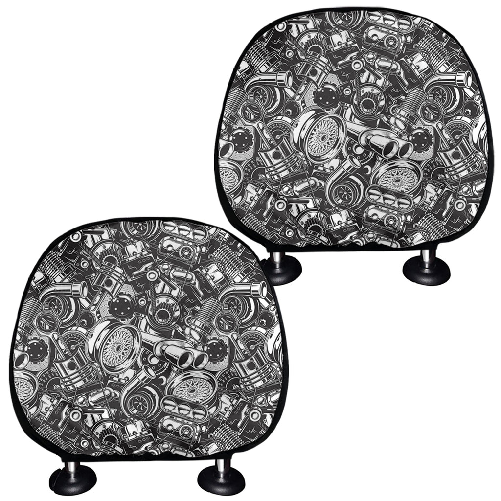 Black And White Mechanic Pattern Print Car Headrest Covers