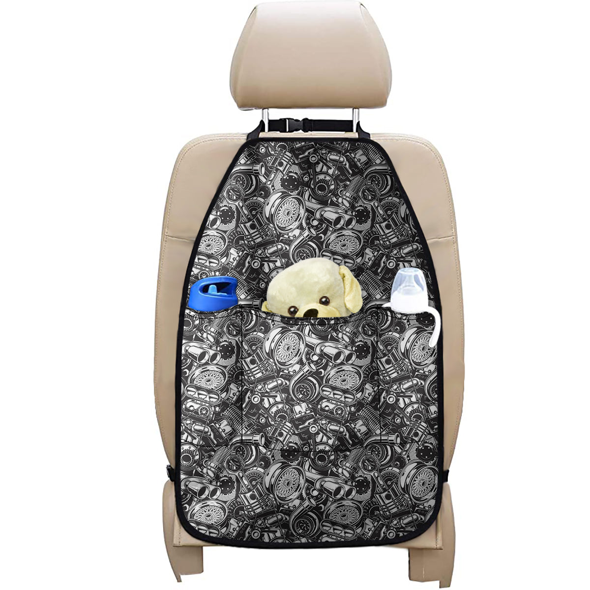 Black And White Mechanic Pattern Print Car Seat Organizers