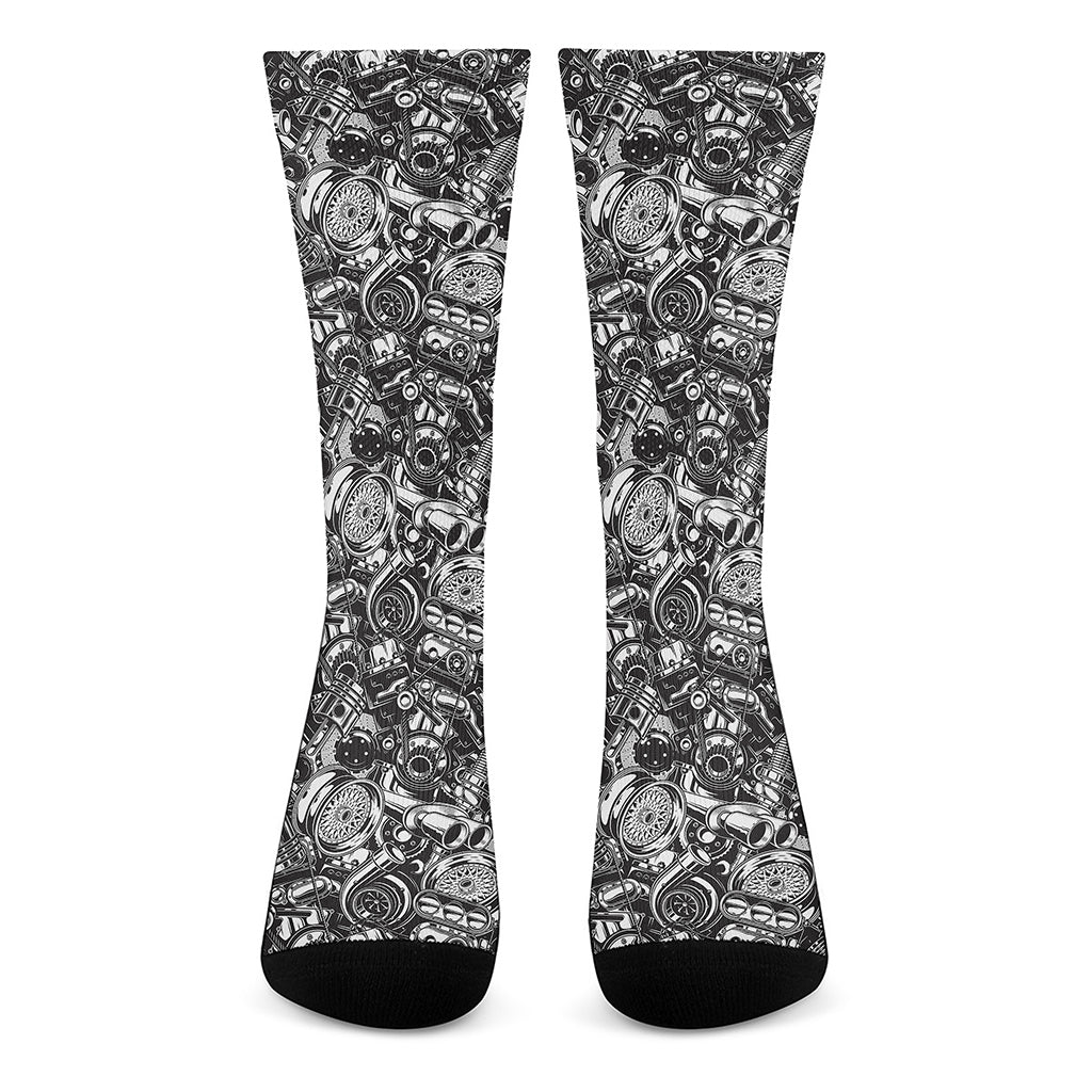 Black And White Mechanic Pattern Print Crew Socks