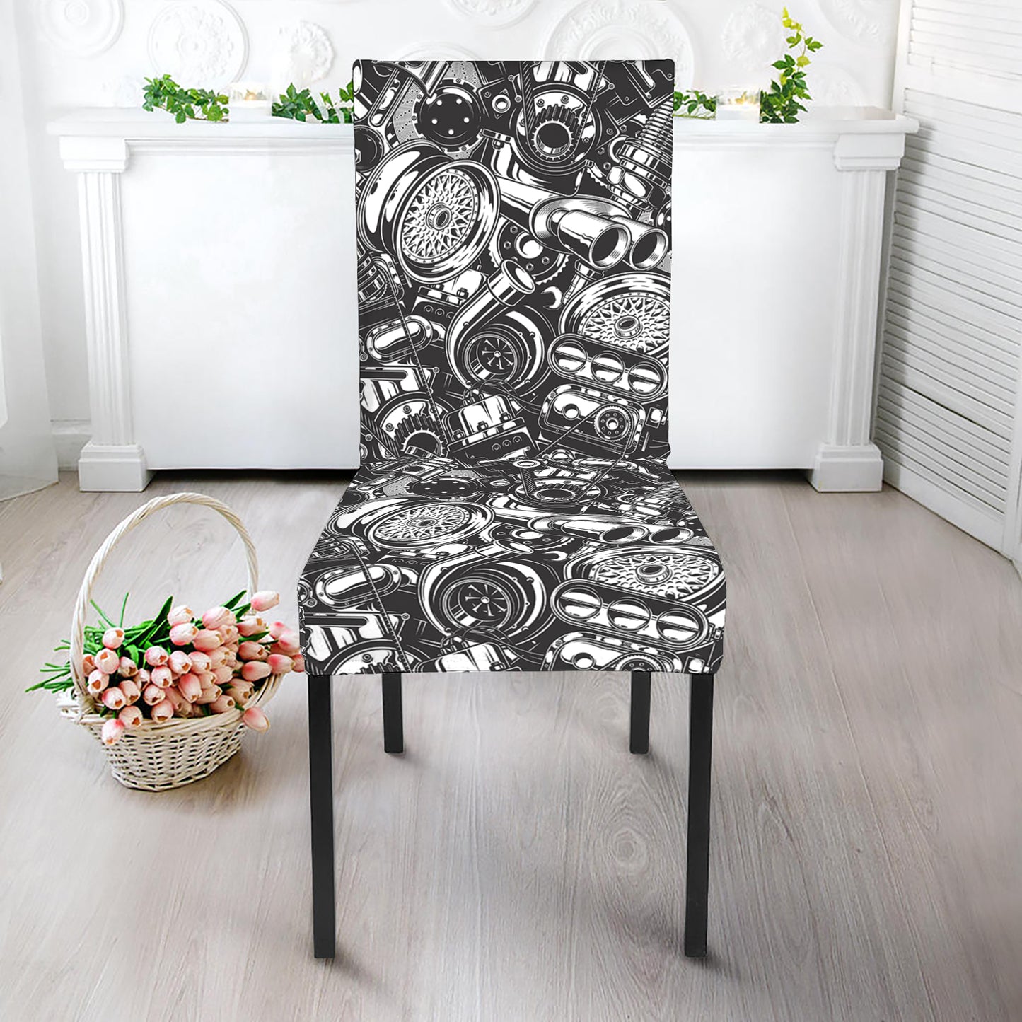 Black And White Mechanic Pattern Print Dining Chair Slipcover
