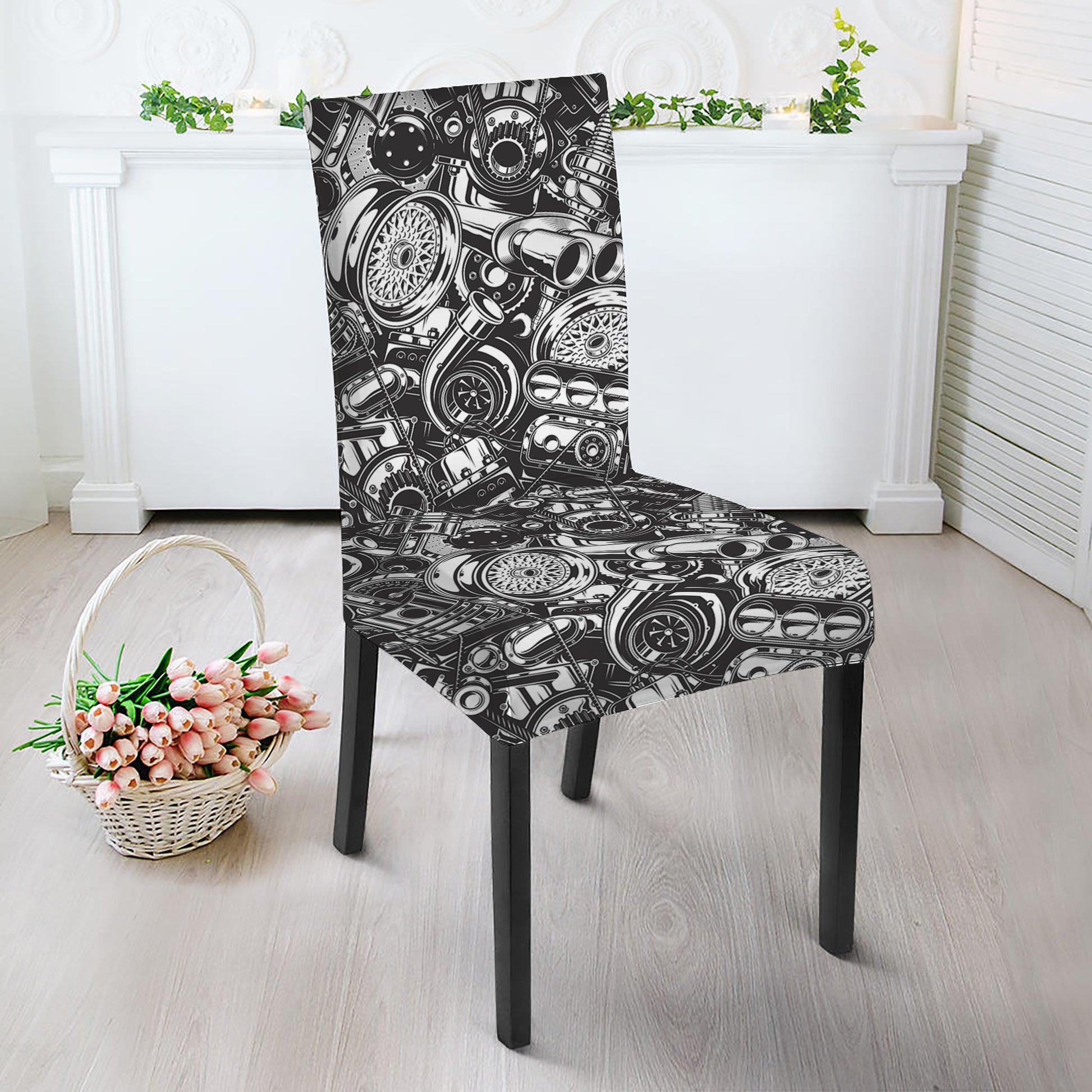 Black And White Mechanic Pattern Print Dining Chair Slipcover