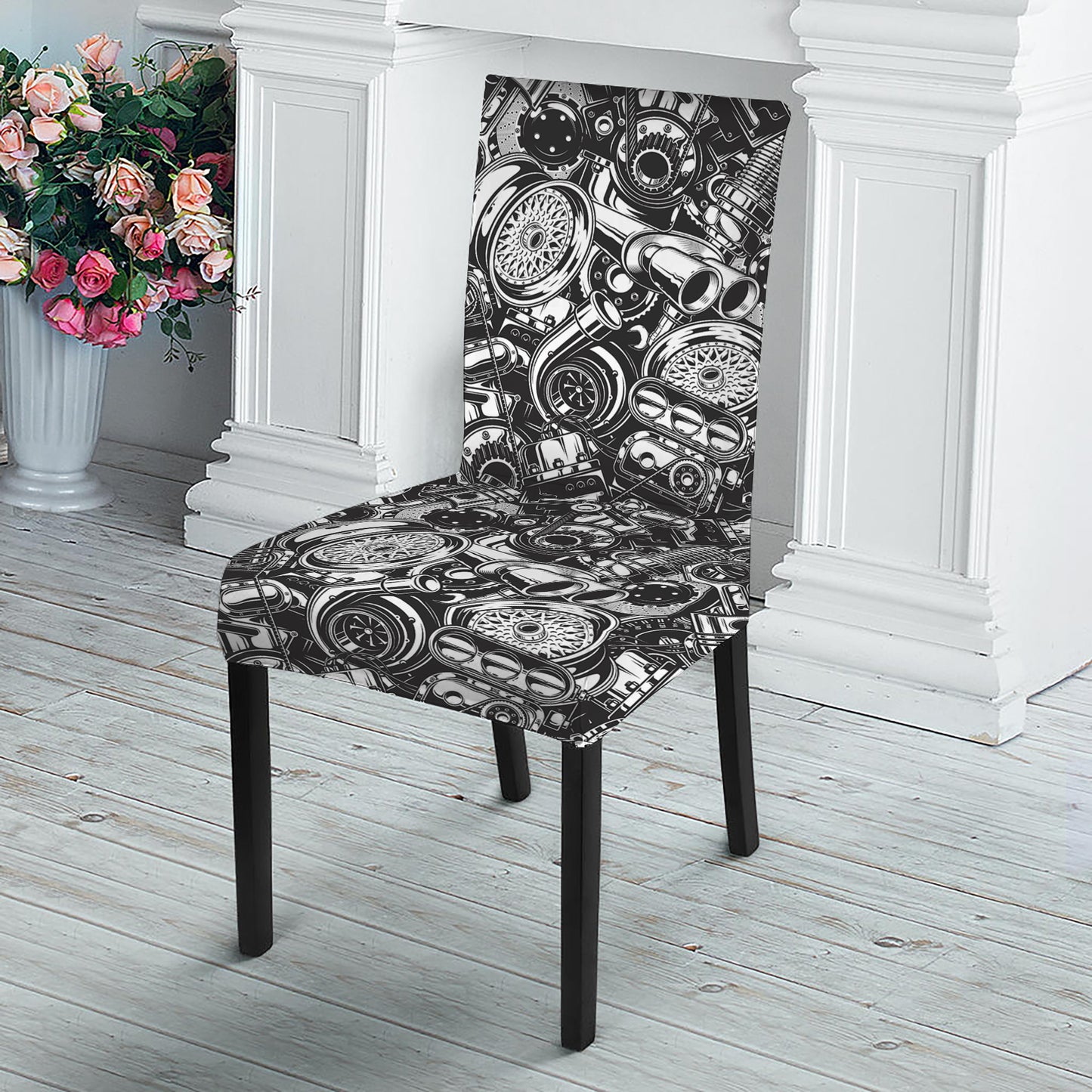 Black And White Mechanic Pattern Print Dining Chair Slipcover
