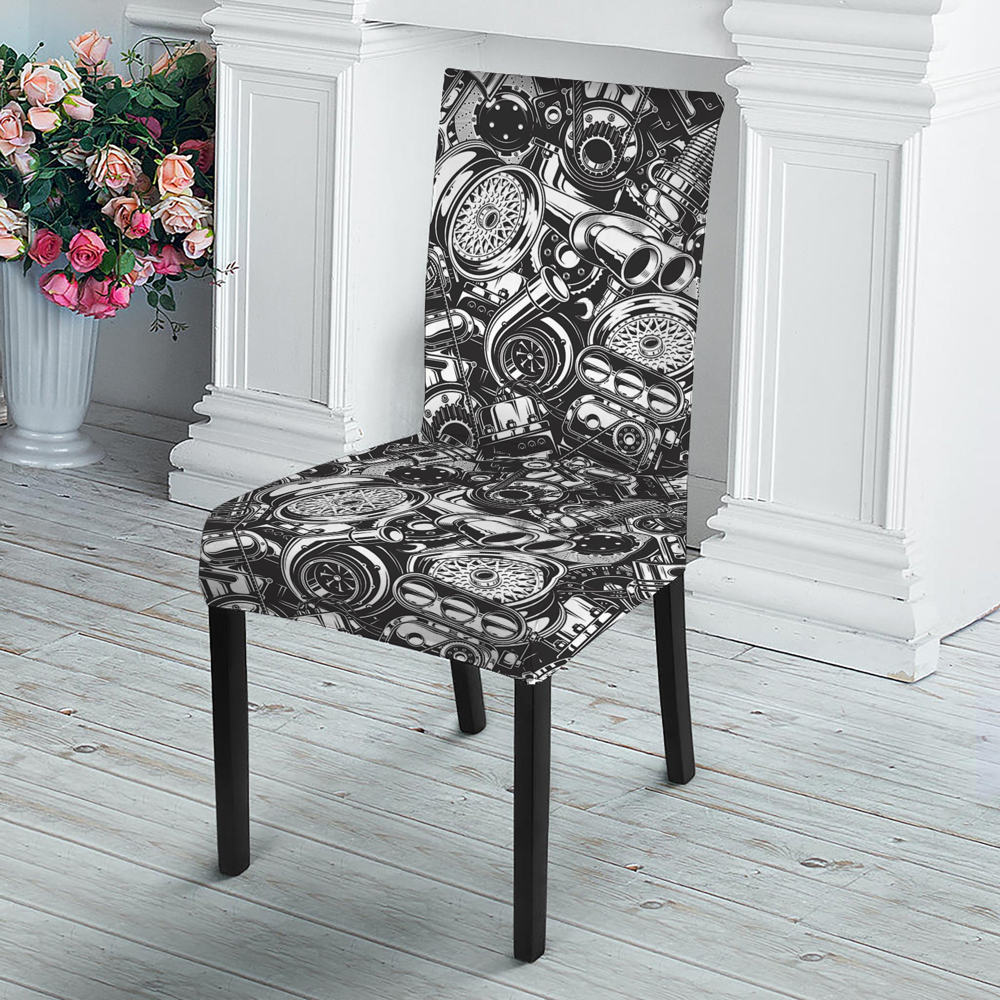 Black And White Mechanic Pattern Print Dining Chair Slipcover