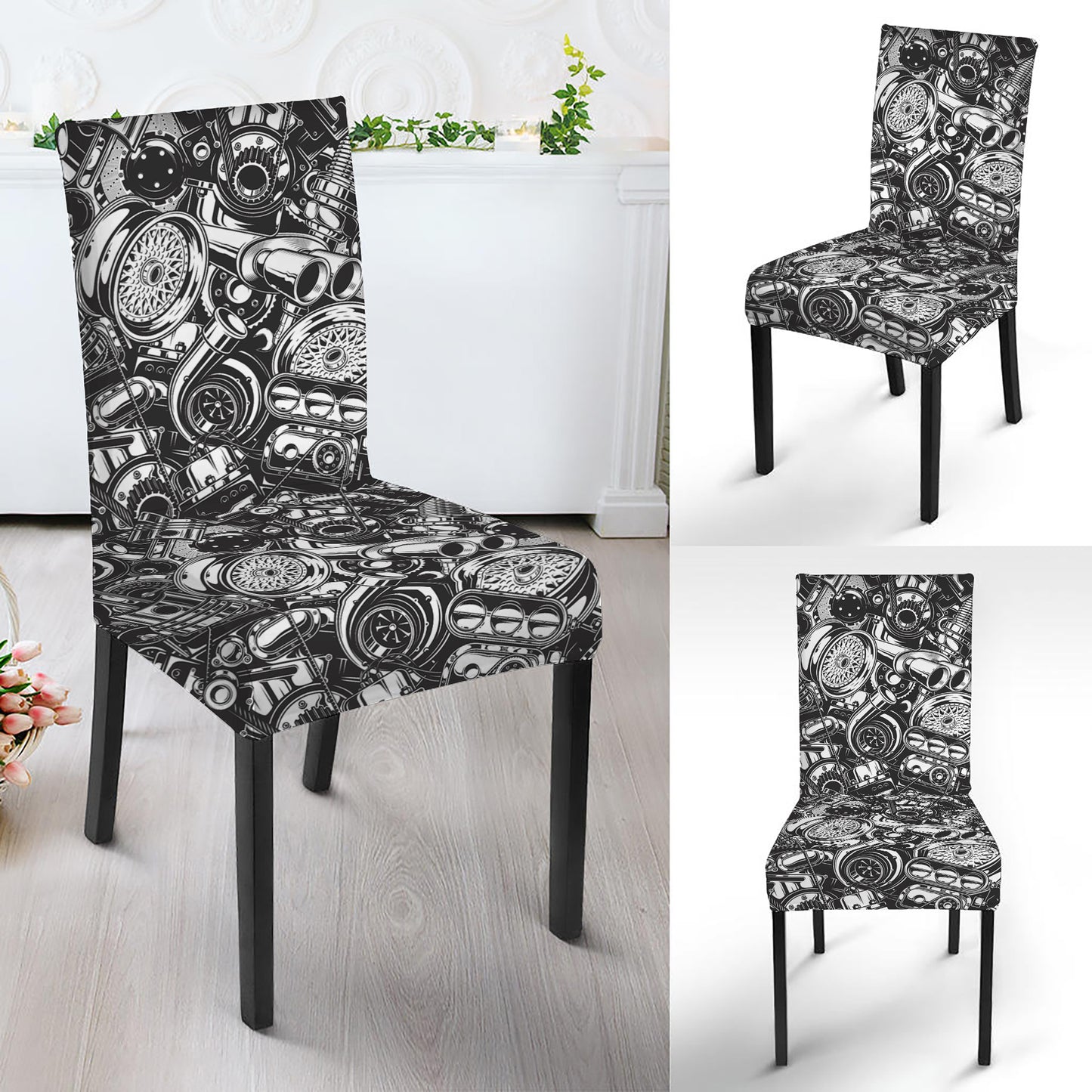Black And White Mechanic Pattern Print Dining Chair Slipcover