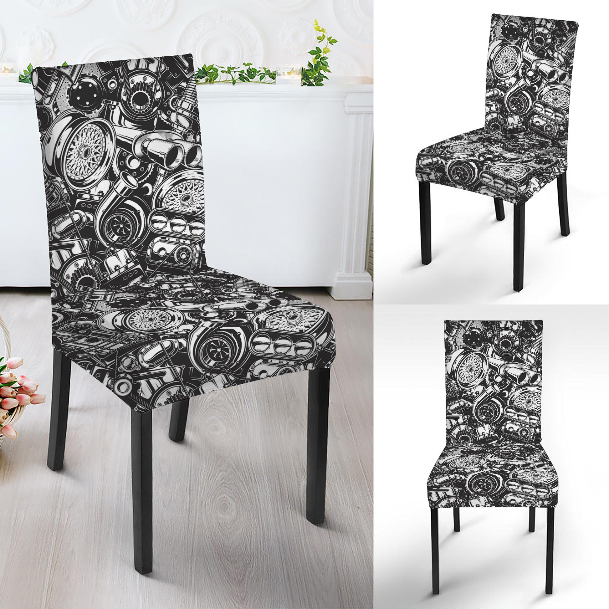 Black And White Mechanic Pattern Print Dining Chair Slipcover