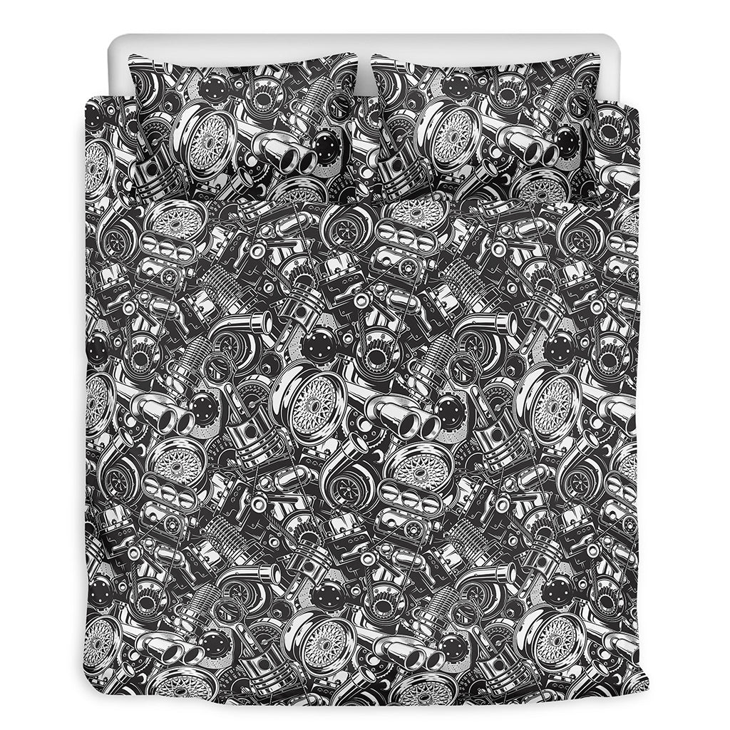 Black And White Mechanic Pattern Print Duvet Cover Bedding Set