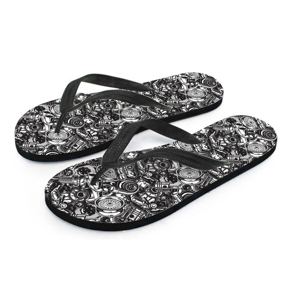 Black And White Mechanic Pattern Print Flip Flops