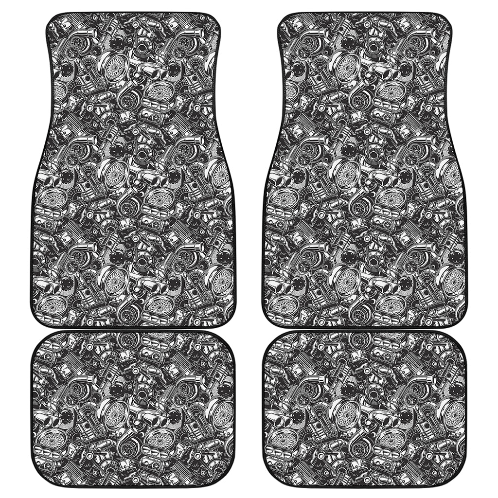 Black And White Mechanic Pattern Print Front and Back Car Floor Mats