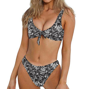 Black And White Mechanic Pattern Print Front Bow Tie Bikini