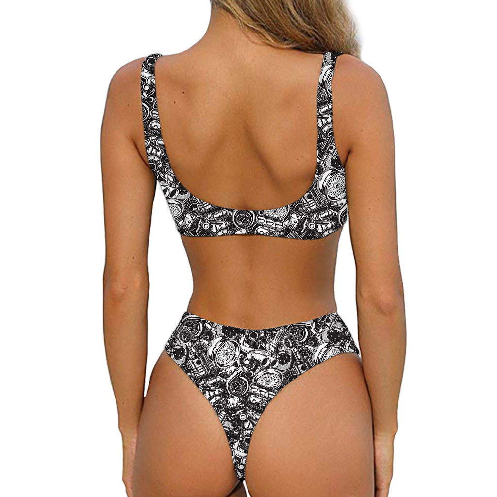 Black And White Mechanic Pattern Print Front Bow Tie Bikini