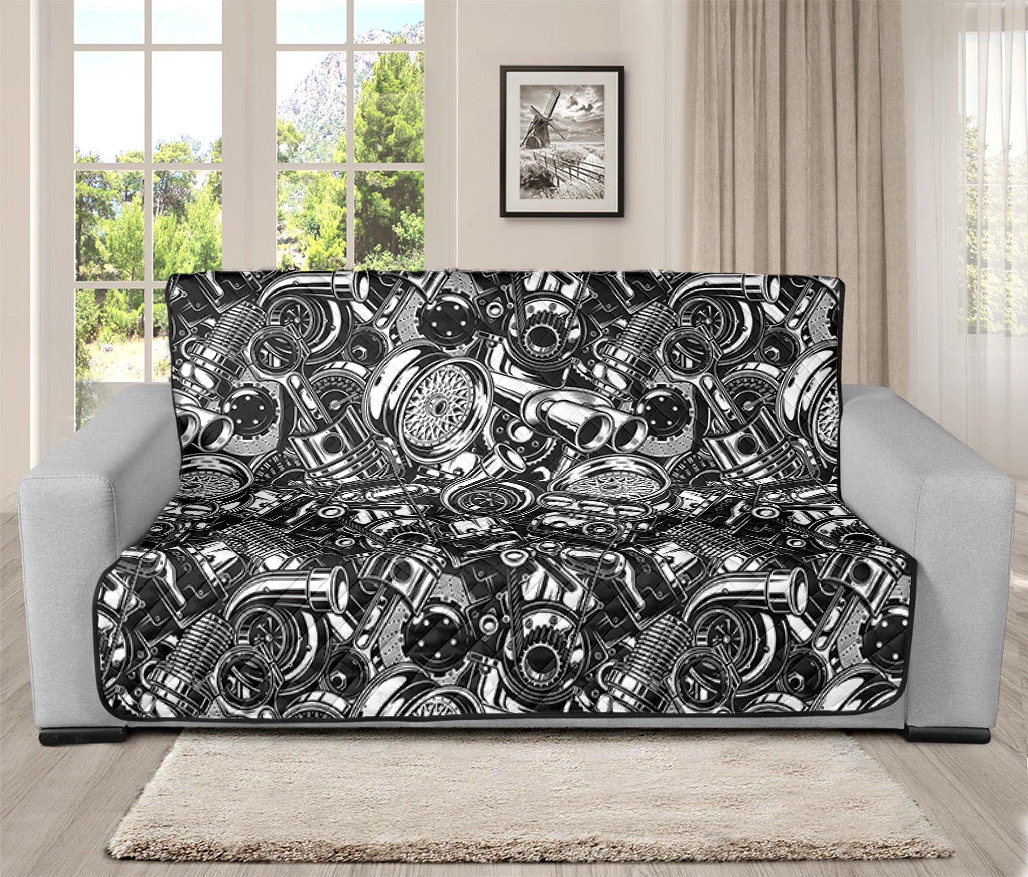 Black And White Mechanic Pattern Print Futon Protector