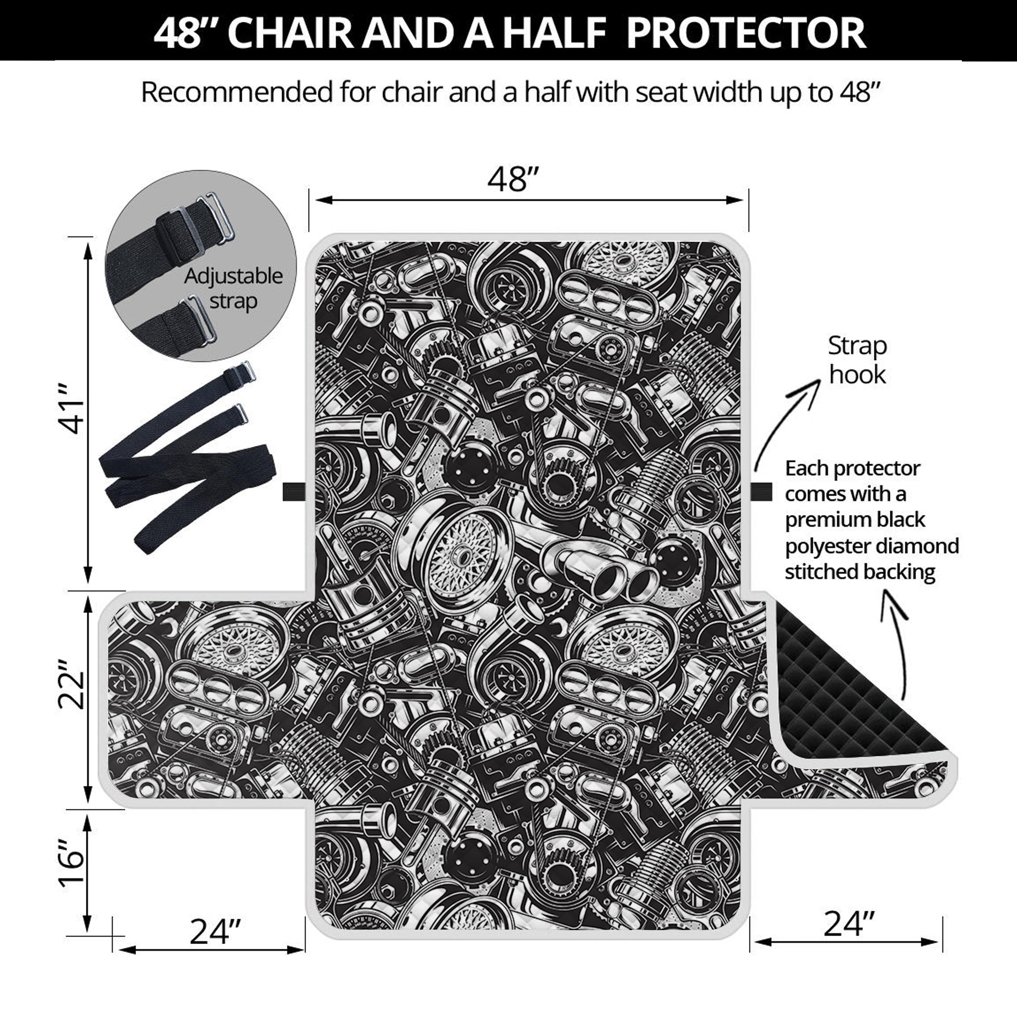 Black And White Mechanic Pattern Print Half Sofa Protector