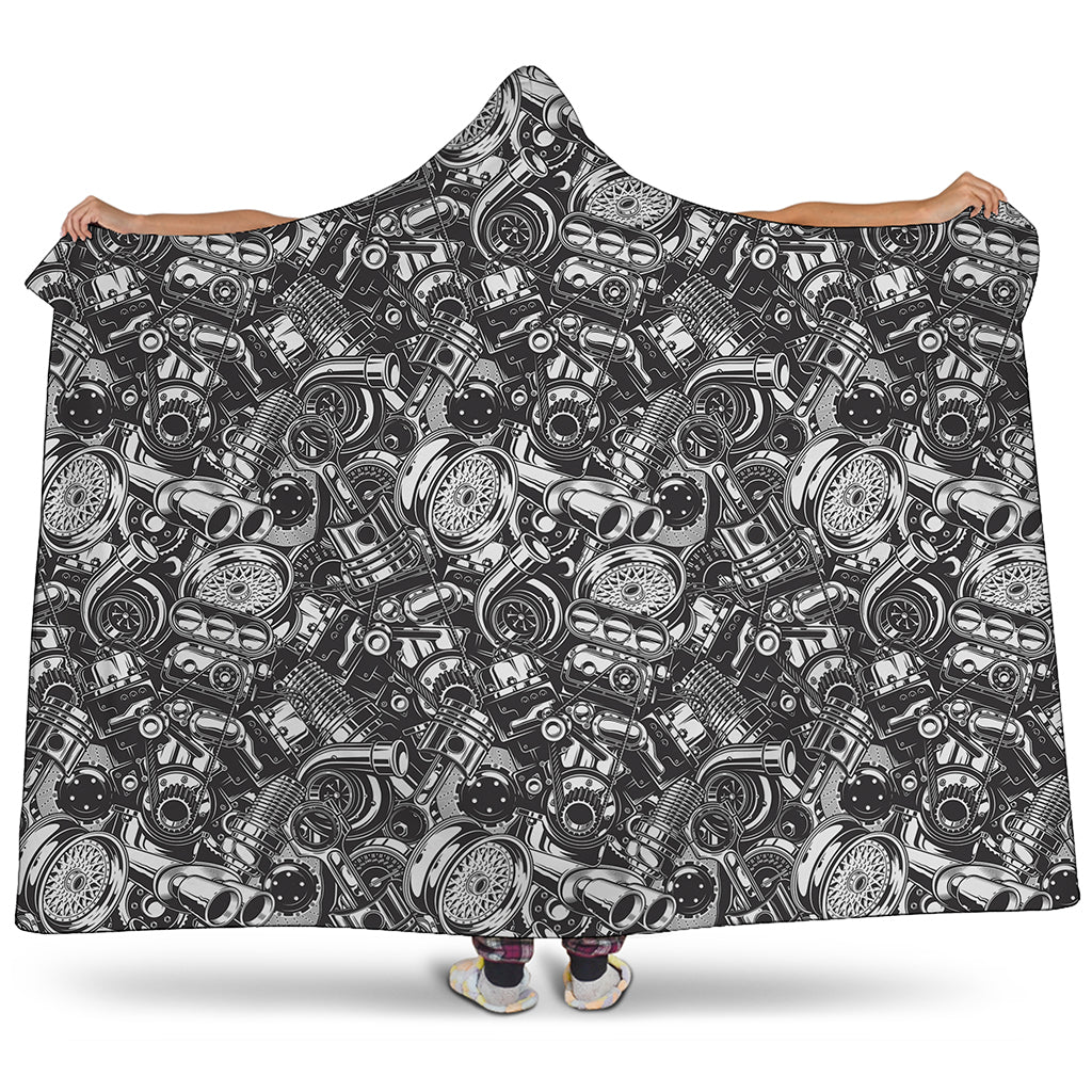 Black And White Mechanic Pattern Print Hooded Blanket