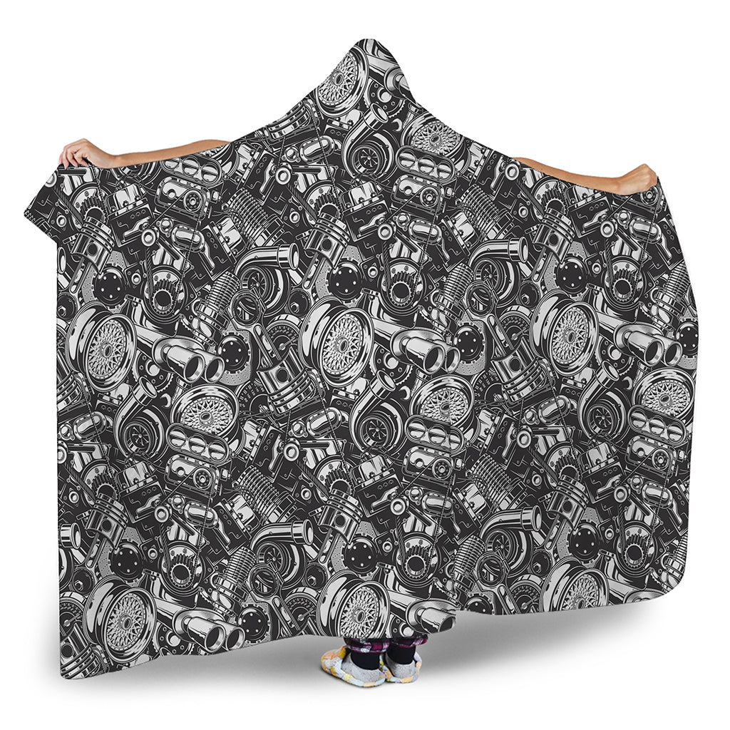 Black And White Mechanic Pattern Print Hooded Blanket